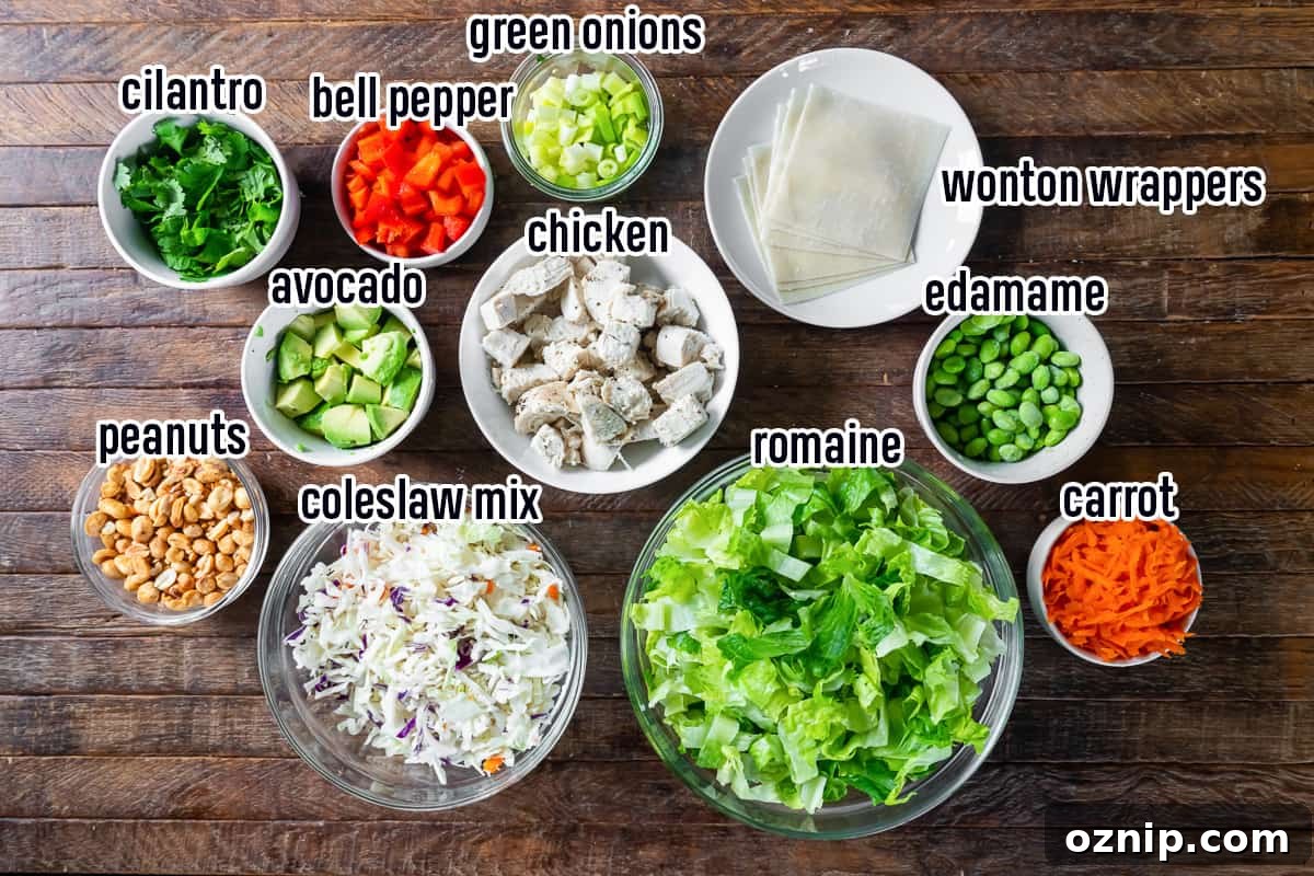Thai Crunch Salad ingredients including lettuce, vegetables, peanuts and other ingredients in small bowls with text.