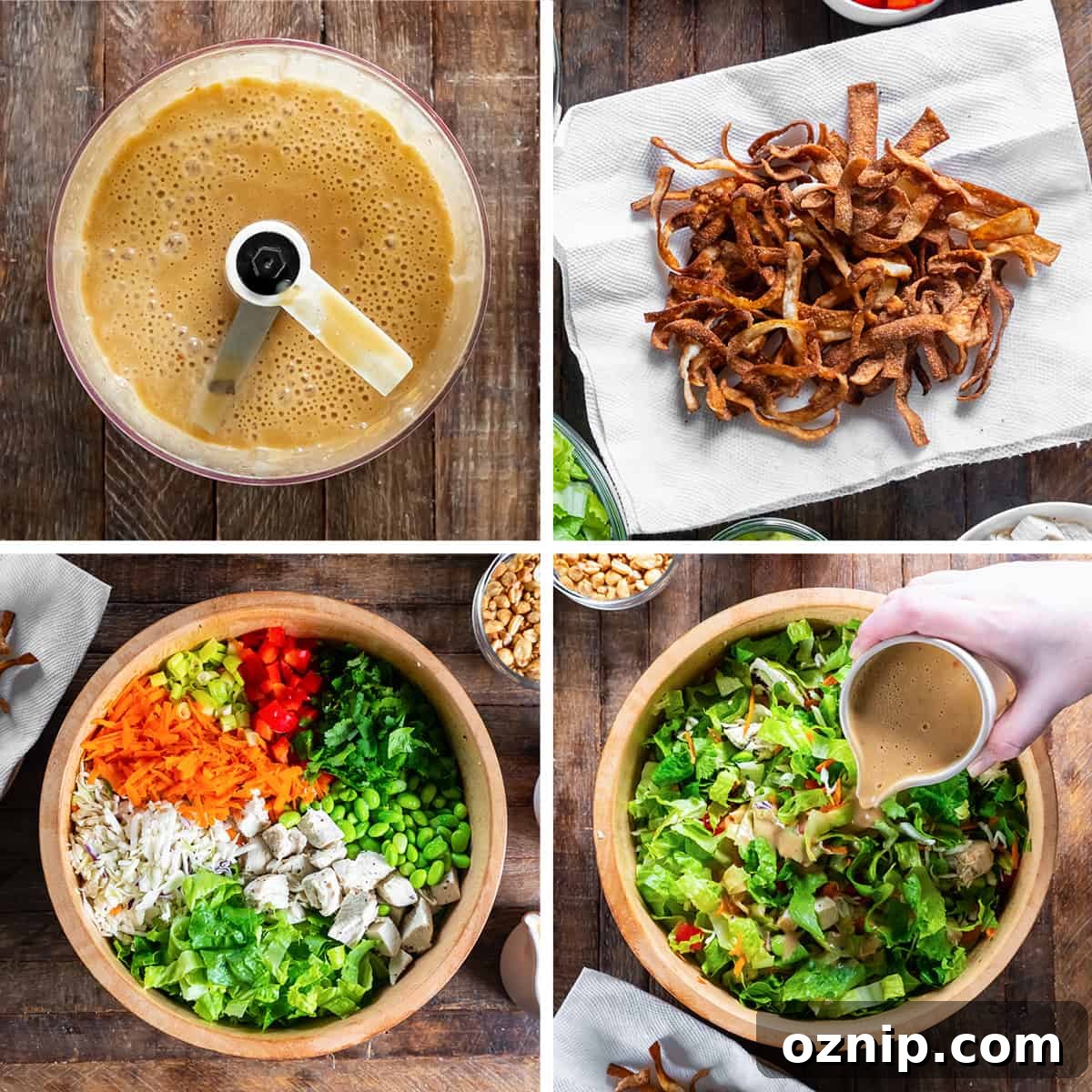 Four images of Thai peanut dressing in a food processor, crispy wonton strips on a paper towel, and Thai crunch salad in a wooden salad bowl.