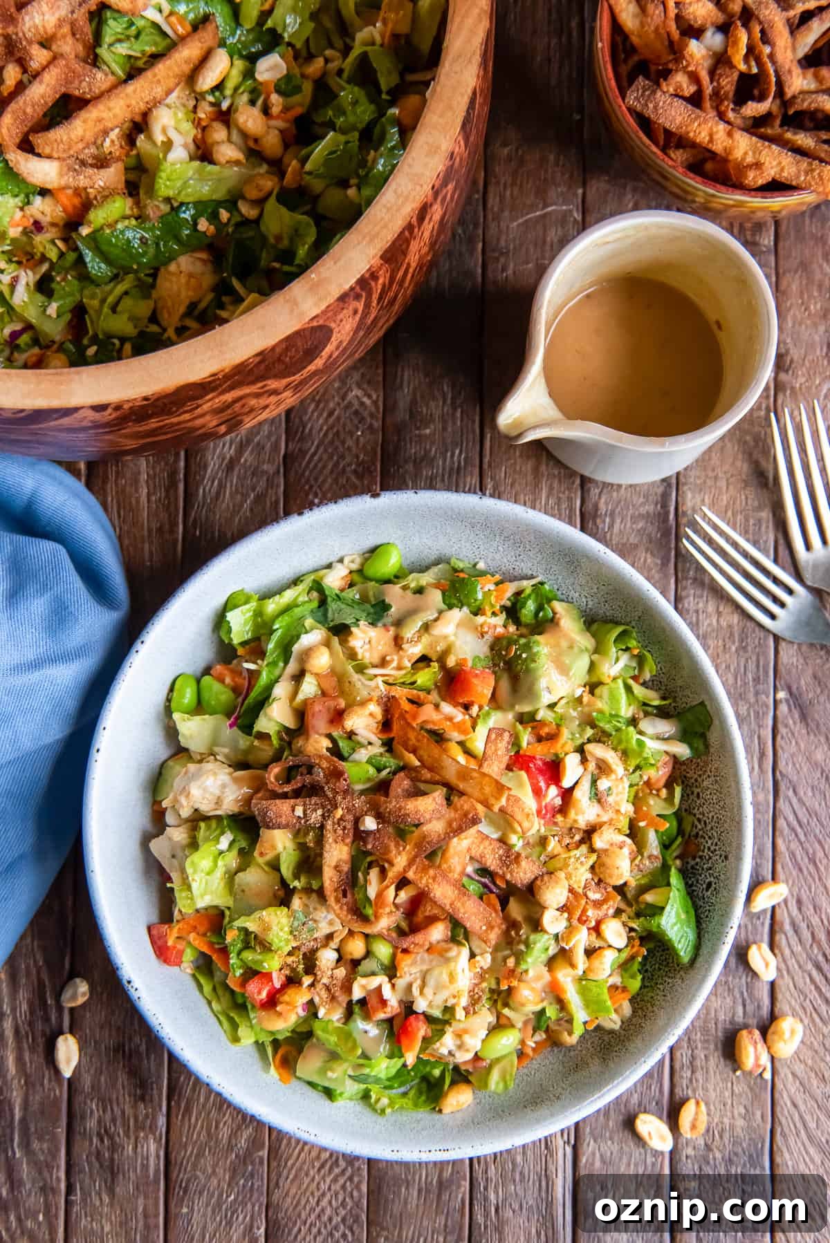 A top down shot of a salad with chicken, edamame, peanut dressing and wonton strips next to a carafe of dressing and forks.