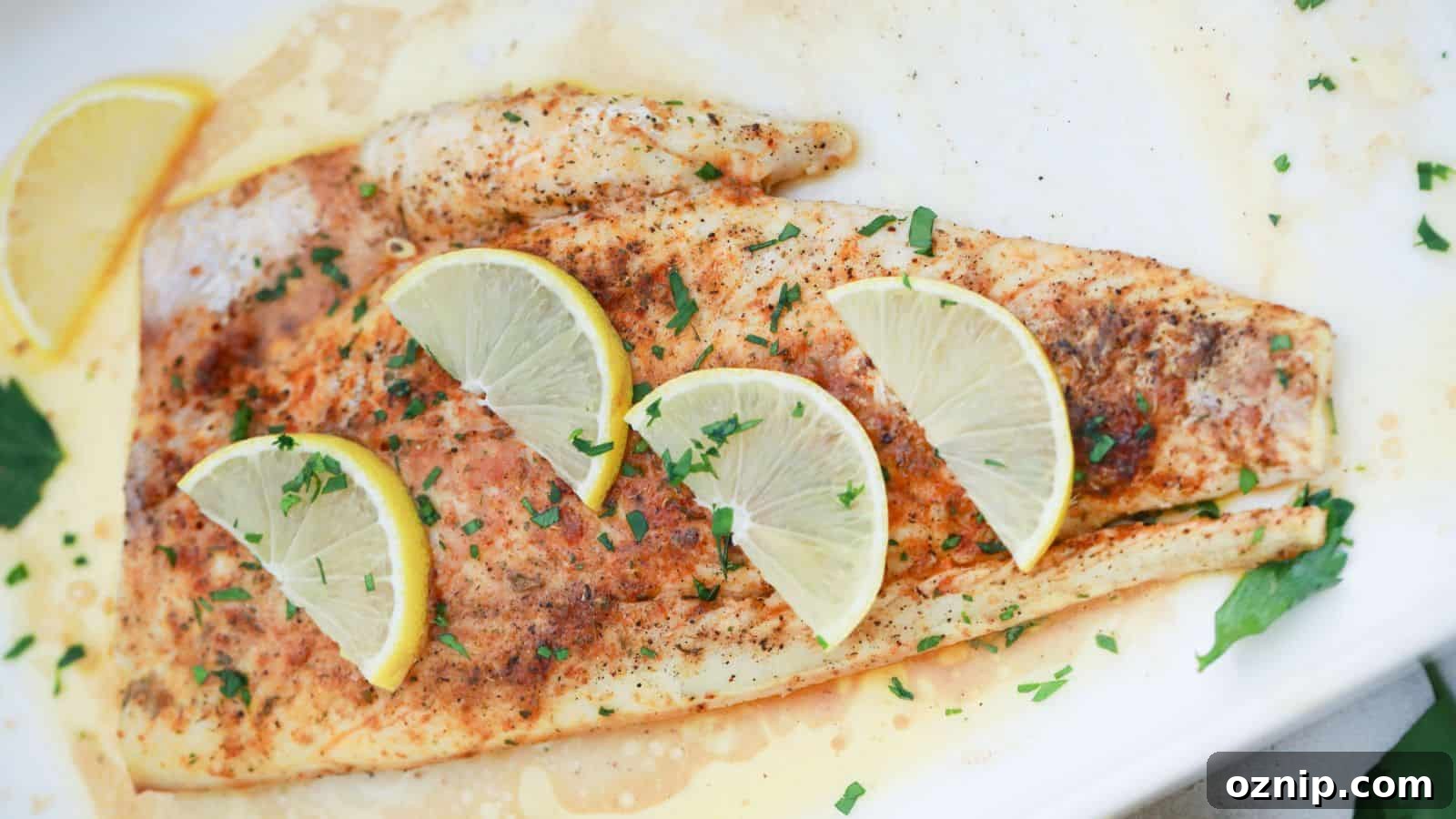 Baked lemon butter fish fillet seasoned with herbs and spices, garnished with lemon slices and chopped parsley,.