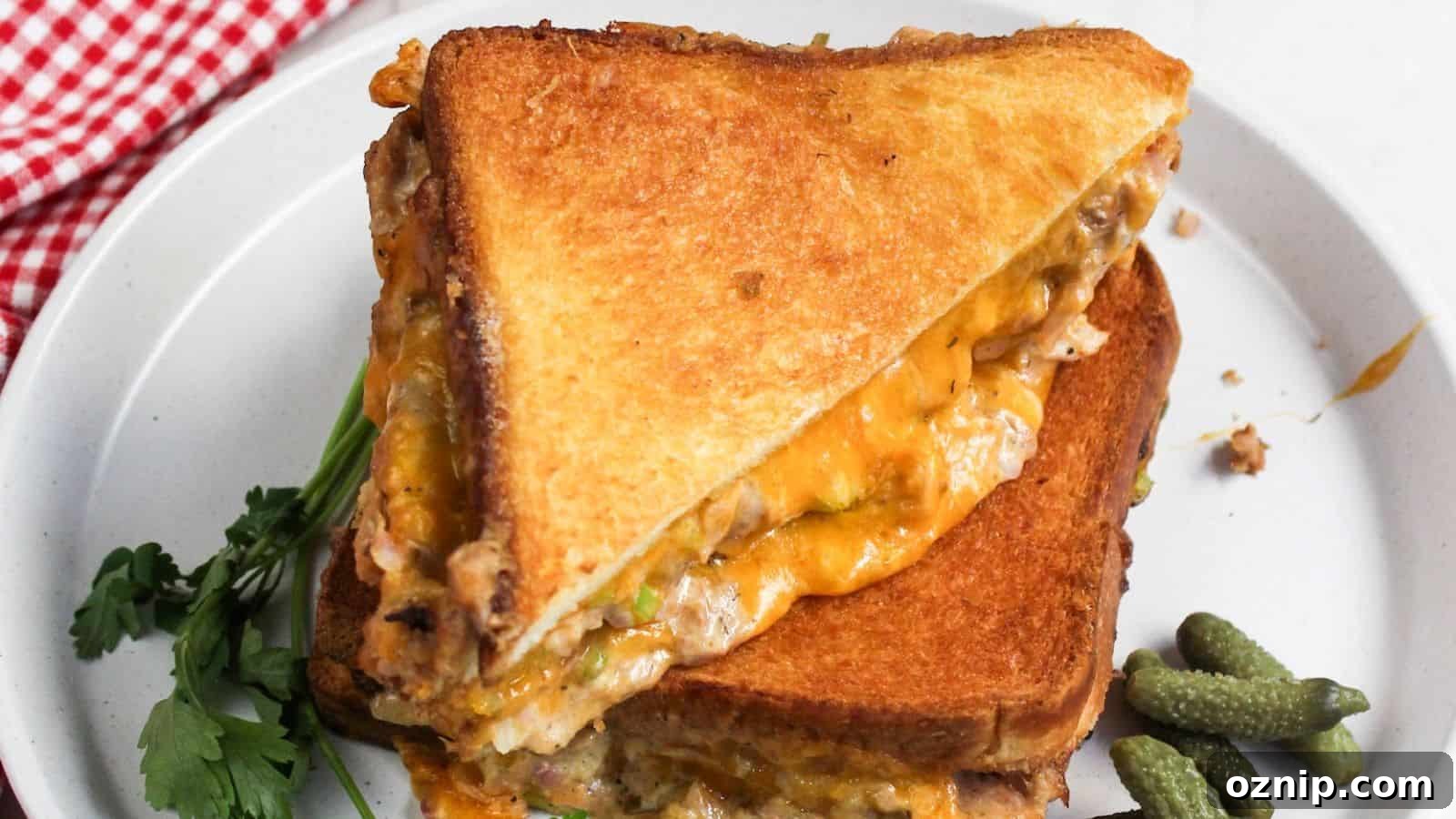 A grilled cheese tuna sandwich is cut in half on a plate.