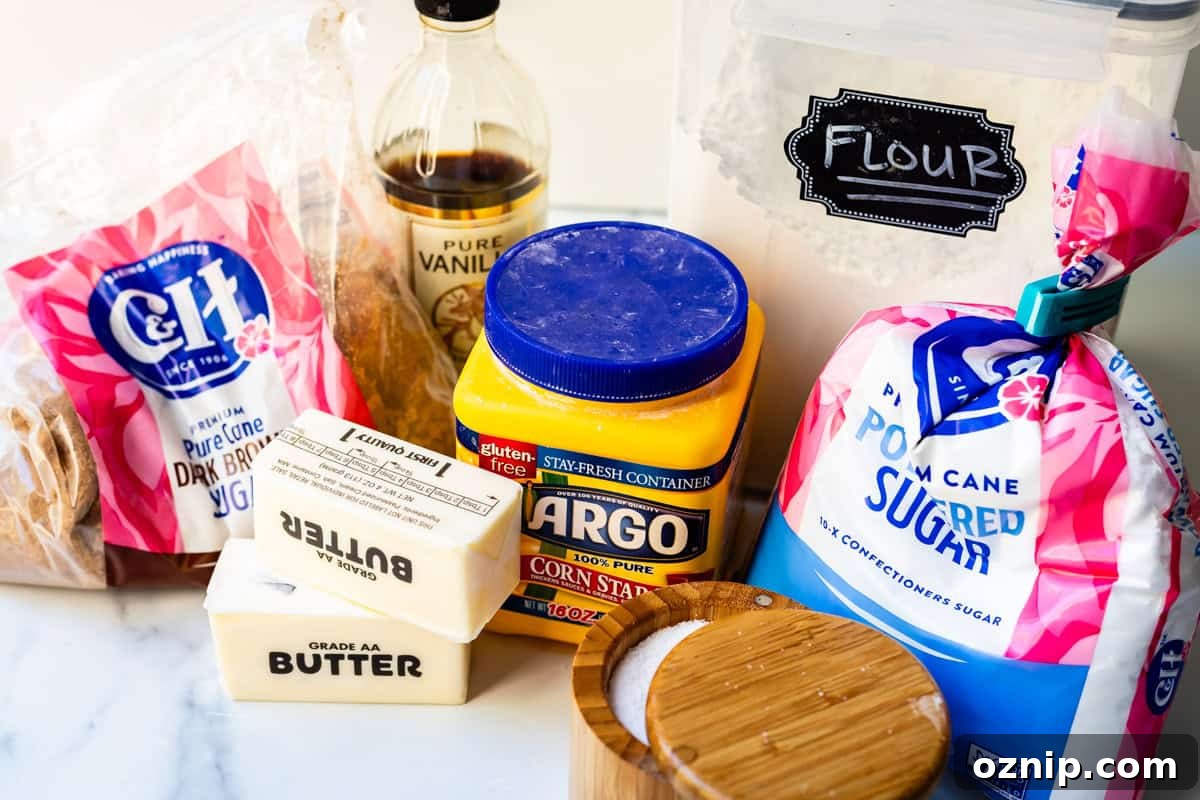 Classic Homemade Buttery Shortbread Cookies 8 Ingredients for shortbread cookies, including butter, flour, sugar, and more.
