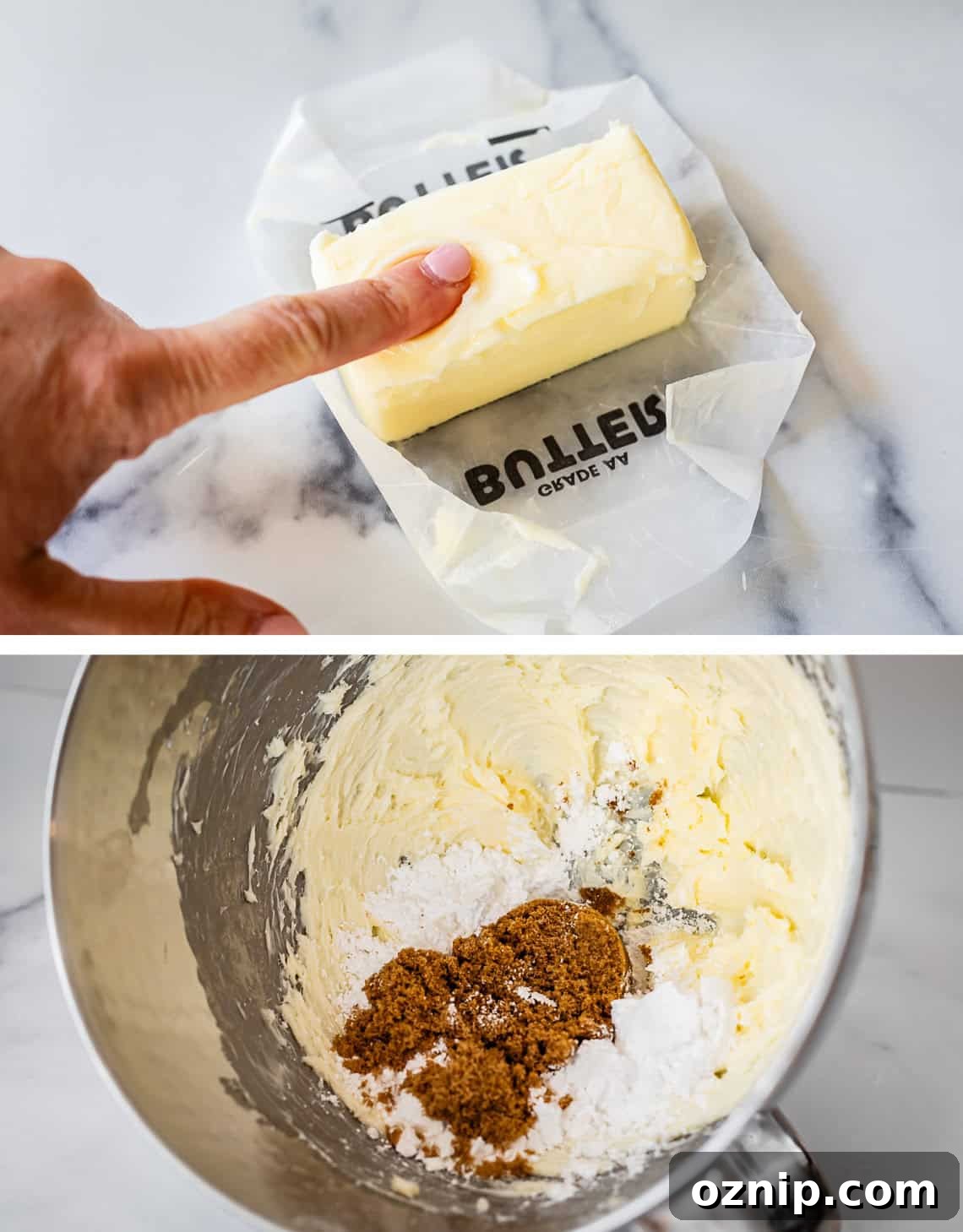 Classic Homemade Buttery Shortbread Cookies 9 top: finger pressing down into softened butter; bottom: brown sugar added to mixer with butter.