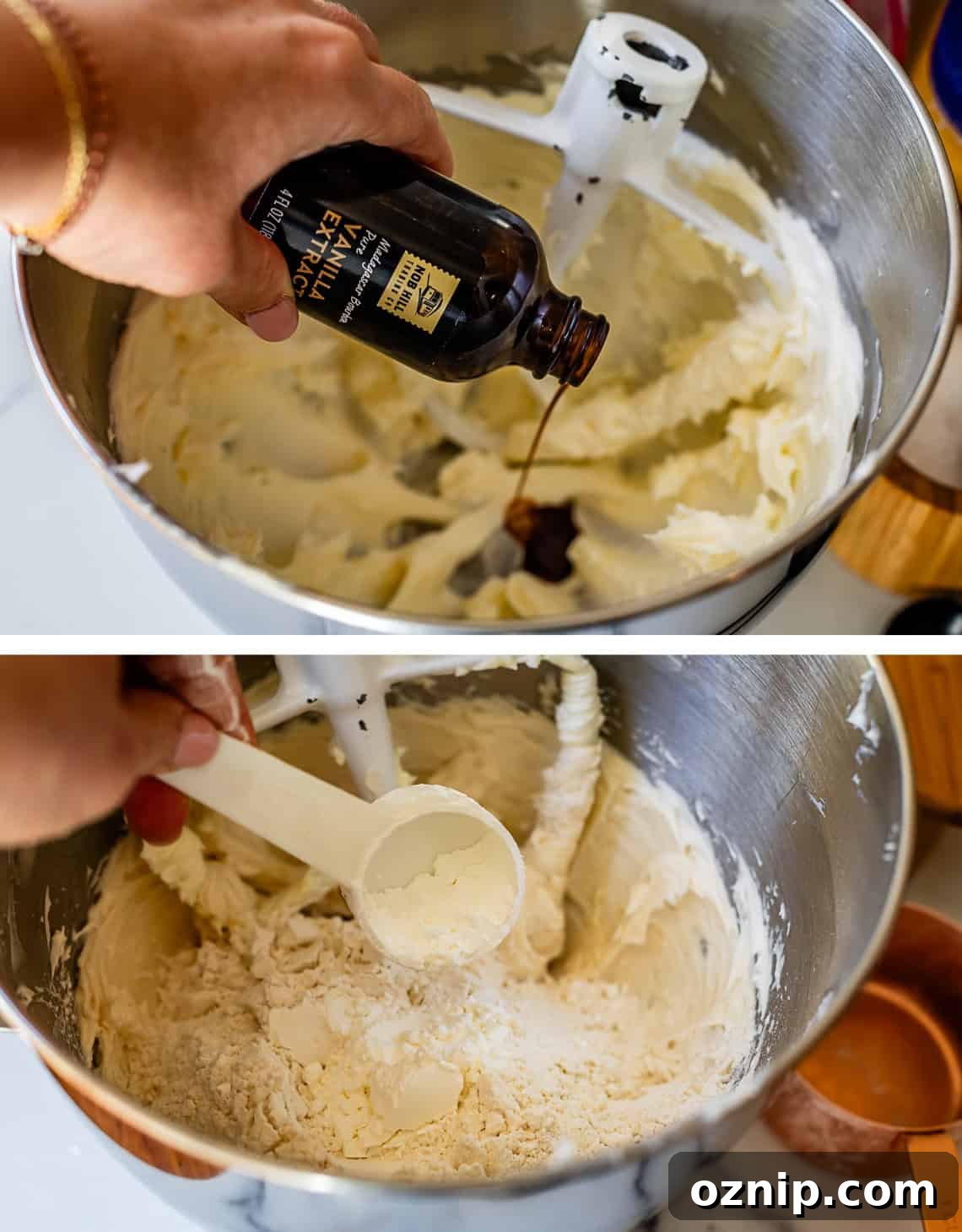 Classic Homemade Buttery Shortbread Cookies 10 top: adding vanilla to mixing bowl; bottom: adding cornstarch to mixing bowl.