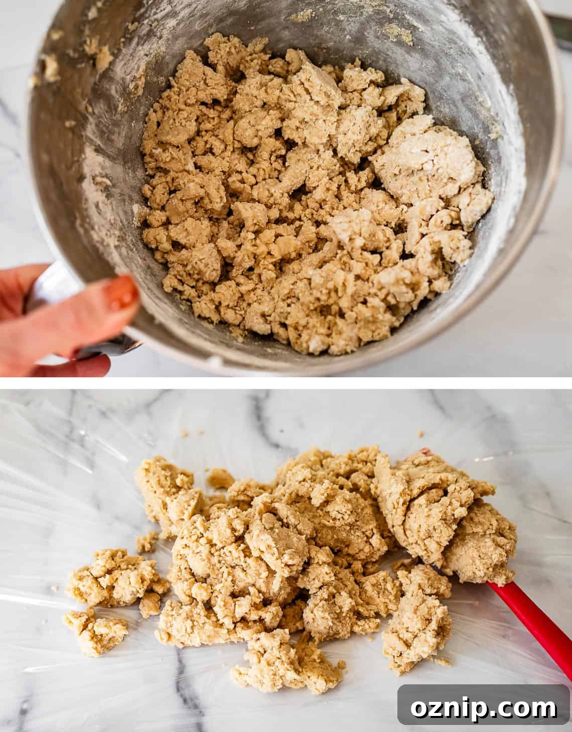 Classic Homemade Buttery Shortbread Cookies 11 top: crumbly dough in mixing bowl; bottom: crumbly dough on plastic wrap.