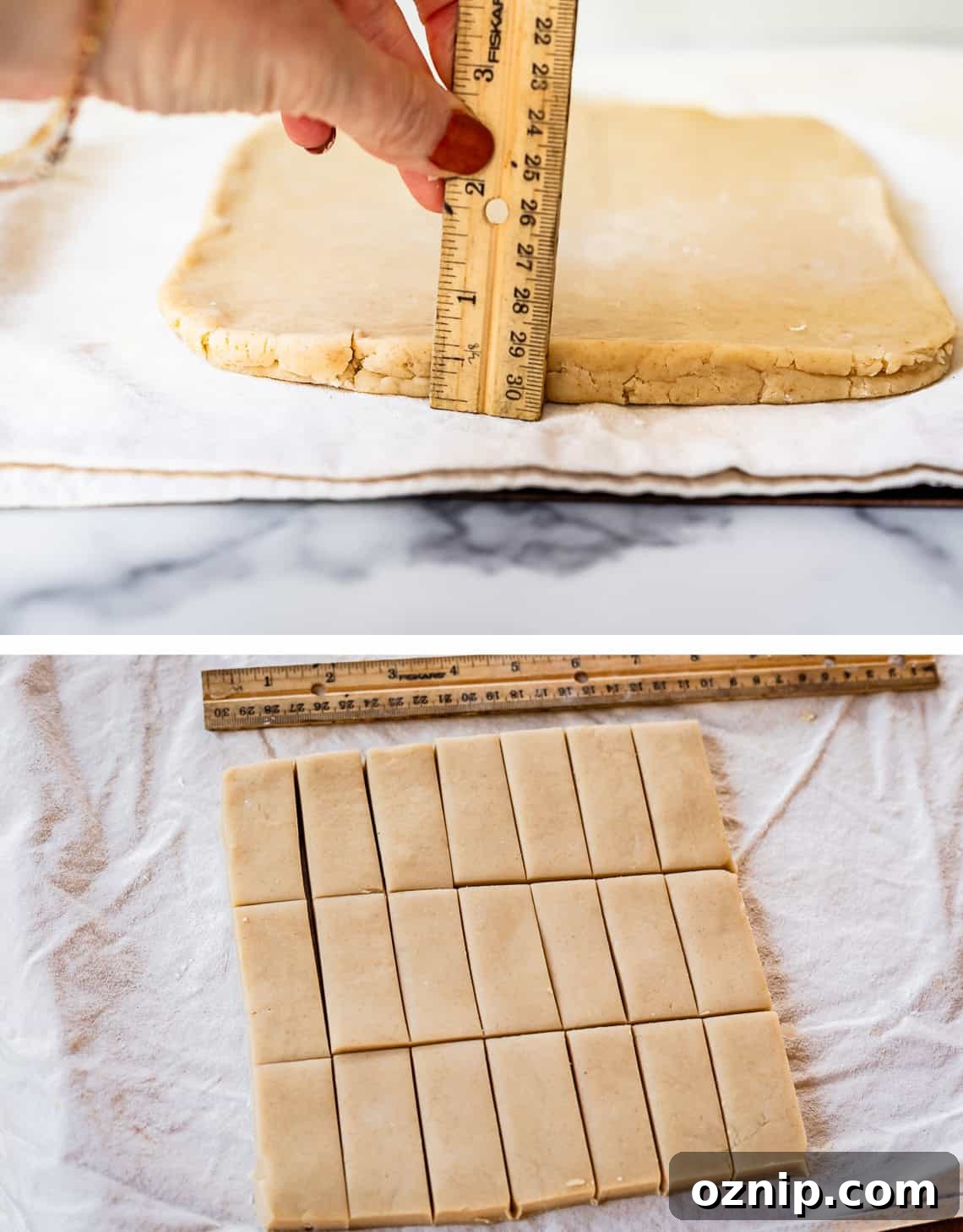 Classic Homemade Buttery Shortbread Cookies 12 top: rolled out dough with ruler; bottom: dough cut into rectangles.