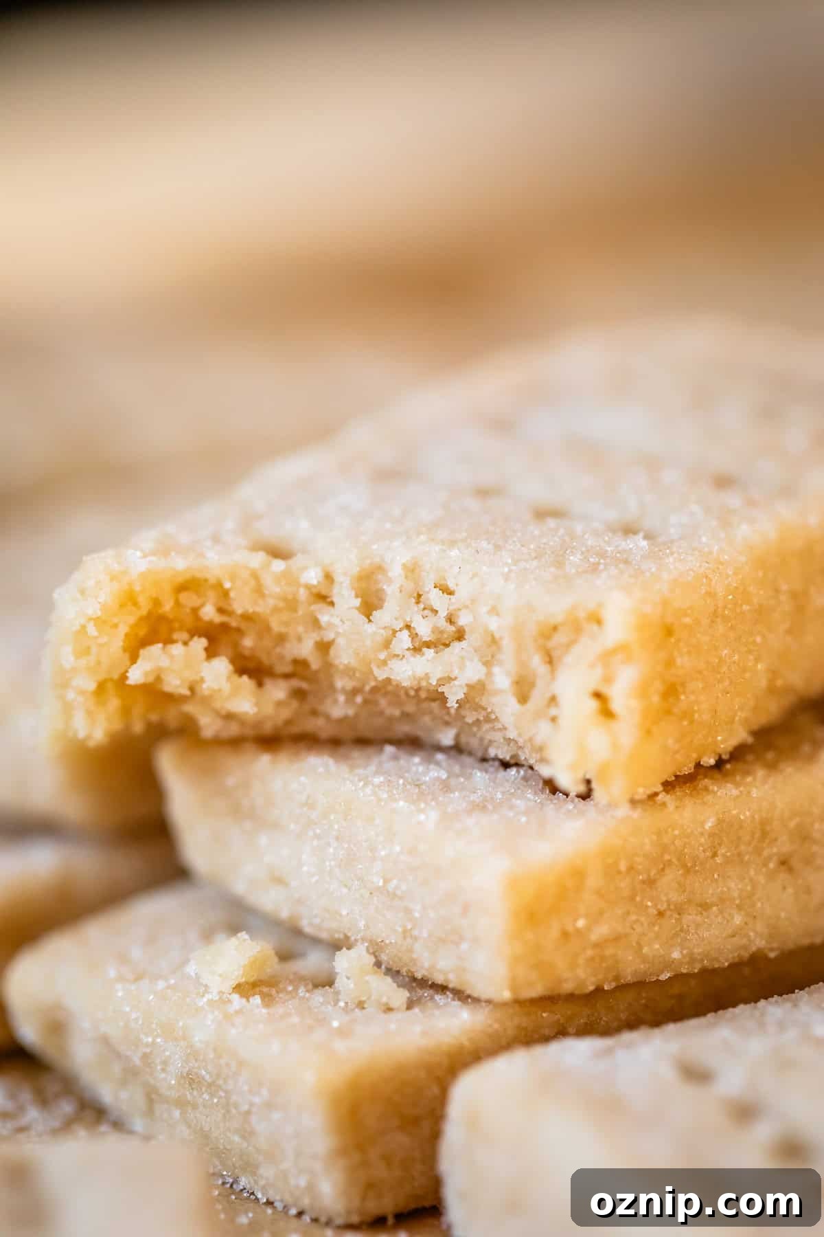 Classic Homemade Buttery Shortbread Cookies 4 close up shot of rectangle shortbread cookie with bite taken out.