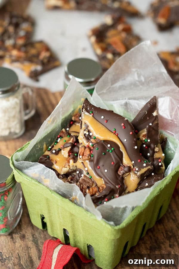 salted caramel chocolate bark in a green gift box