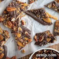 overhead shot of salted caramel chocolate bark on a baking sheet