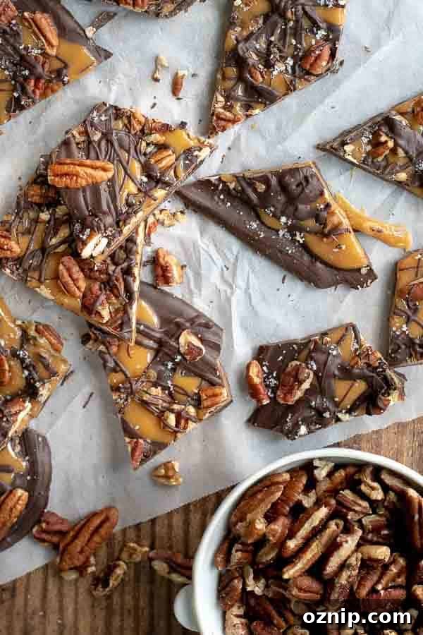 overhead shot of salted caramel chocolate bark on a baking sheet