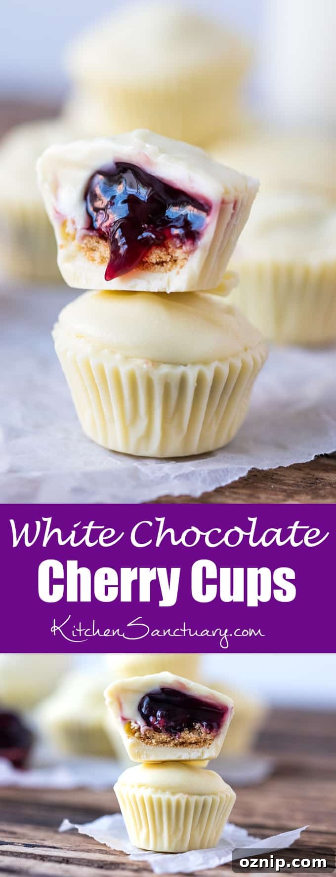 Bite sized creamy white chocolate cups filled with crushed biscuit and cherries - a simple 3-ingredient treat!