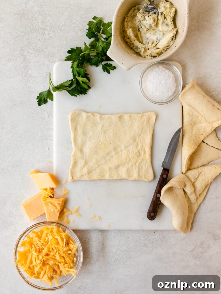 Overlapped crescent roll triangles forming rectangles