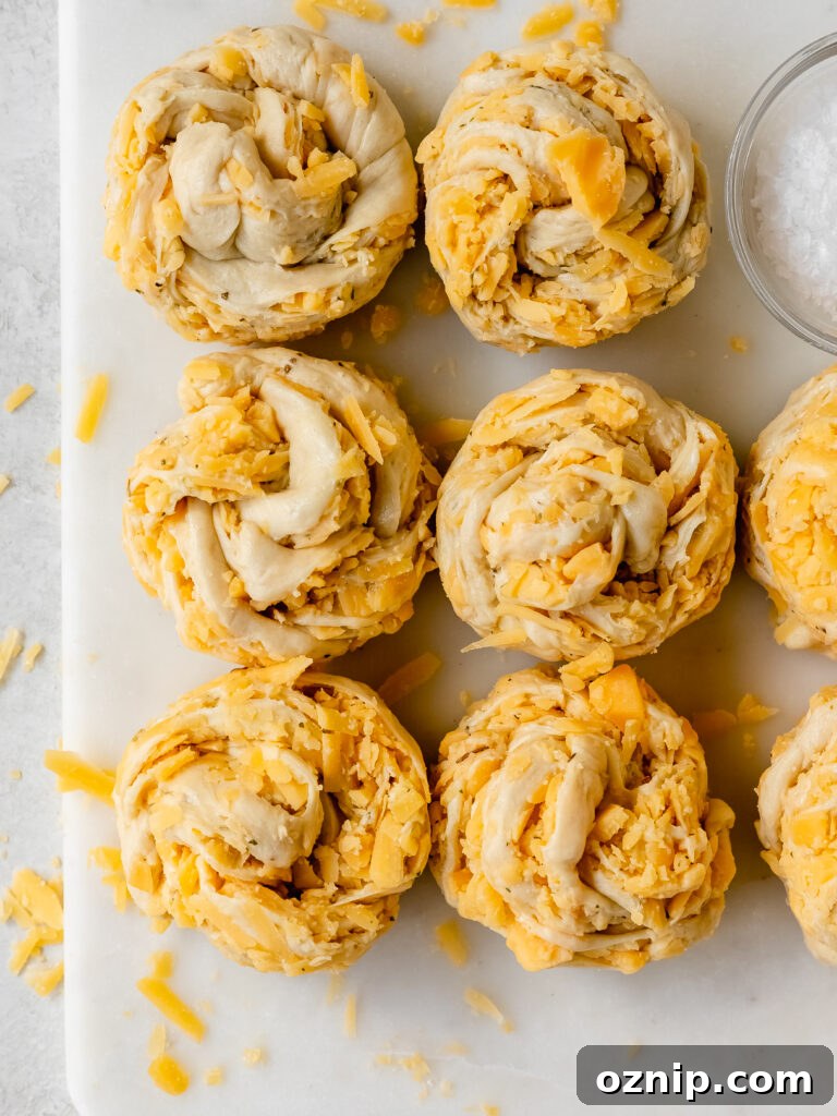 Prepared twisted garlic cheese rolls before baking