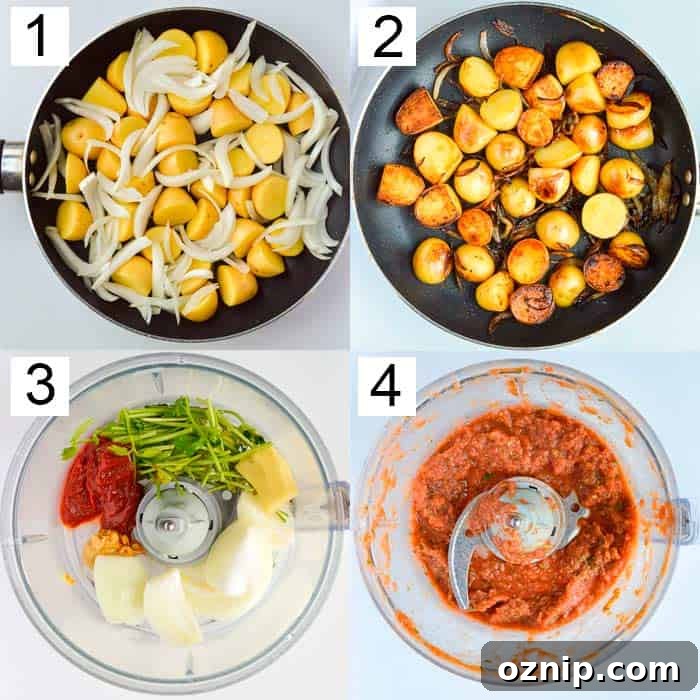 Restaurant Style Bombay Potatoes Recipe 6 4 pictures of frying potatoes and onions and then processing garlic coriander ginger and tomato paste into a masala paste