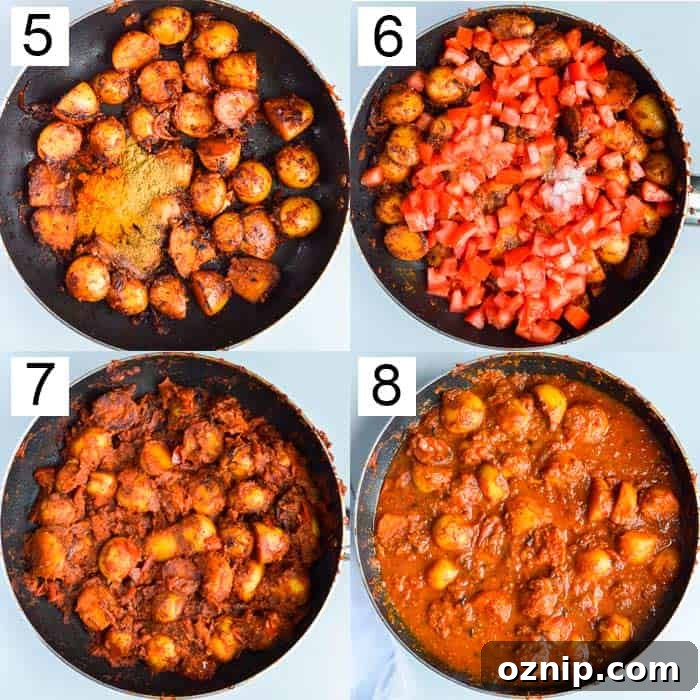 Restaurant Style Bombay Potatoes Recipe 7 picture five to eight of the stage of making bombay potatoes with sauce being added