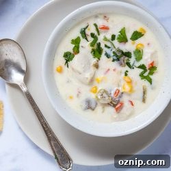 Southwest Chicken Corn Chowder Recipe 9 Bowl of Southwest Chicken Corn Chowder garnished with cilantro on a saucer with a spoon.