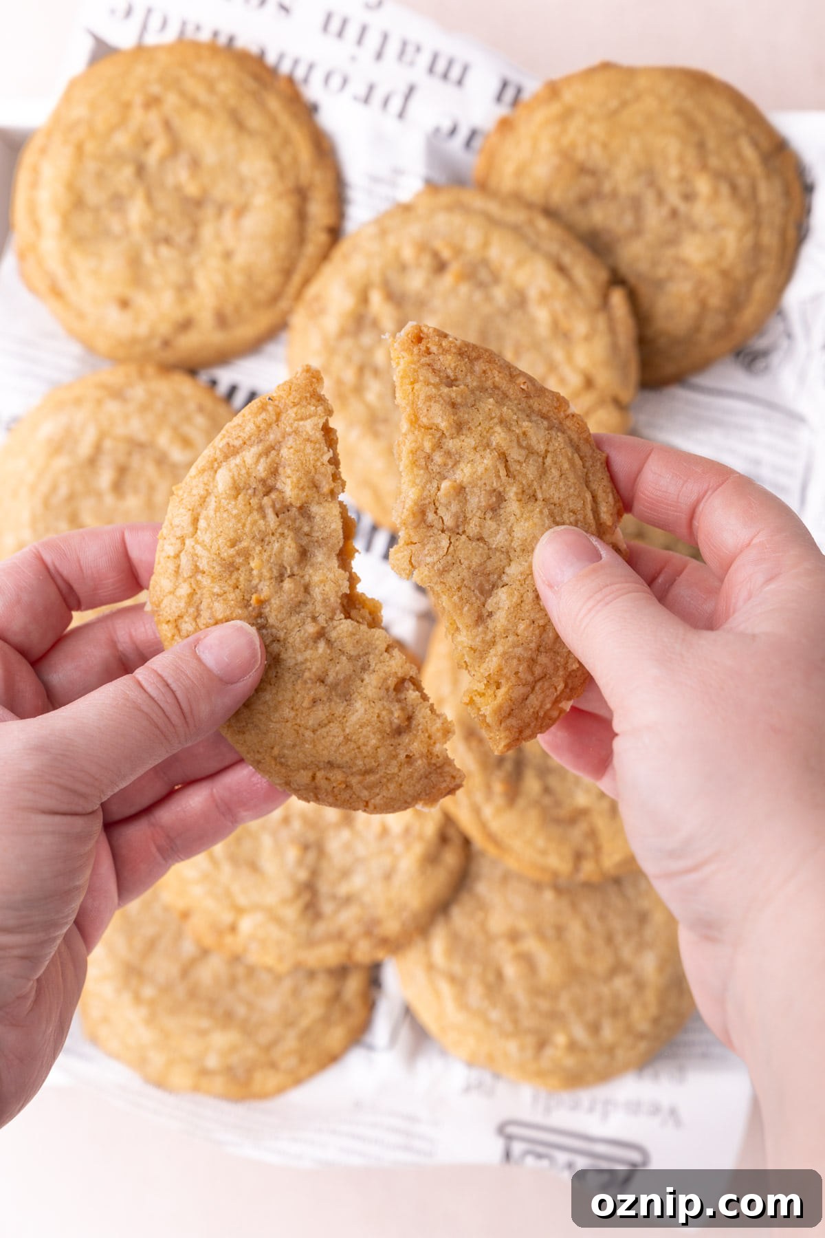 Buttery Crunch Cookies: Chewy Centers, Crispy Edges 2 Breaking a butter crunch cookie with toffee bits in half in front of the camera.