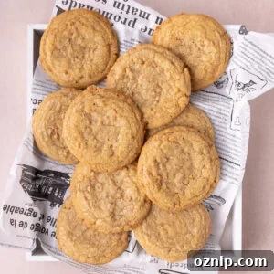 Overhead image of chewy butter crunch cookies made with brown butter and toffee bits.