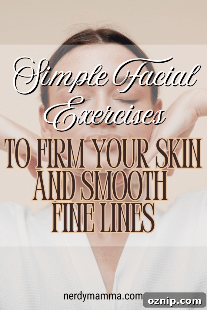 At Home Facial Exercises to Firm Skin and Smooth Fine Lines 4 A woman in a white robe performs a facial exercise with her hands near her face, promoting skin firming and wrinkle reduction.