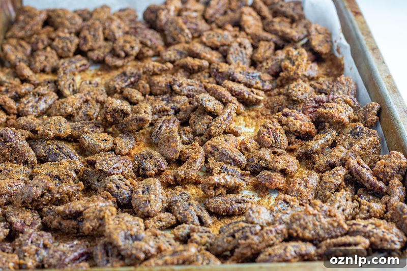 Homemade Candied Pecans Recipe with Brown Sugar and Cinnamon 3 Candied Pecans on Sheet Pan