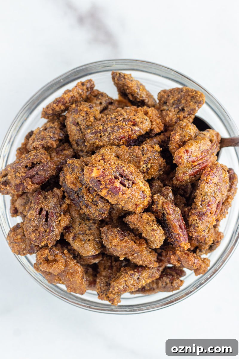 Homemade Candied Pecans Recipe with Brown Sugar and Cinnamon 5 Candied Pecans in Bowl with Spoon