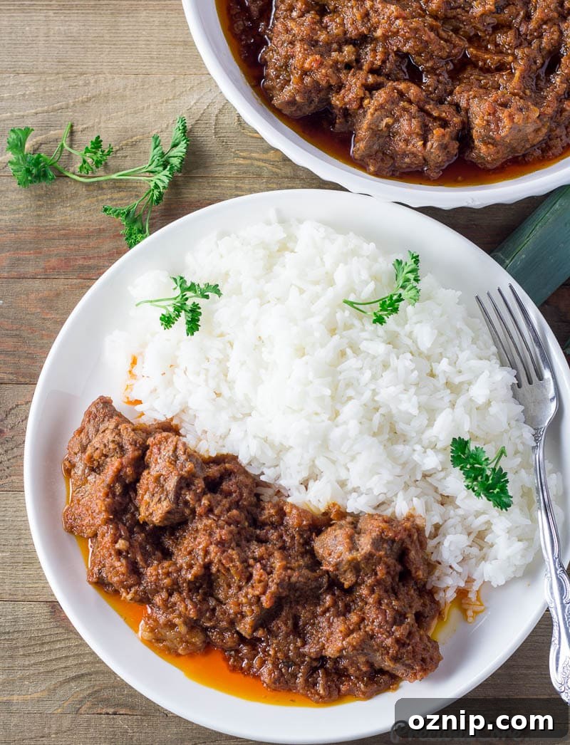 African Beef Stew on a plate with rice.