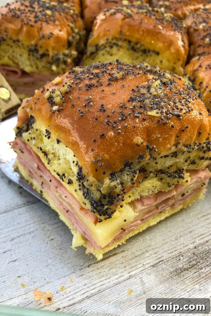 Homemade Ham and Cheese Sliders Recipe for Game Day 2 One ham and cheese sliders baked with a buttery sauce.