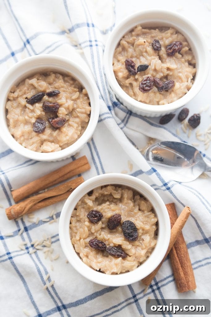 Creamy Instant Pot Brown Rice Pudding 2 Three ramekins with healthy brown rice pudding, sitting on a blue and white cloth napkin. The rice pudding is topped with raisins and cinnamon, and cinnamon sticks sit nearby.