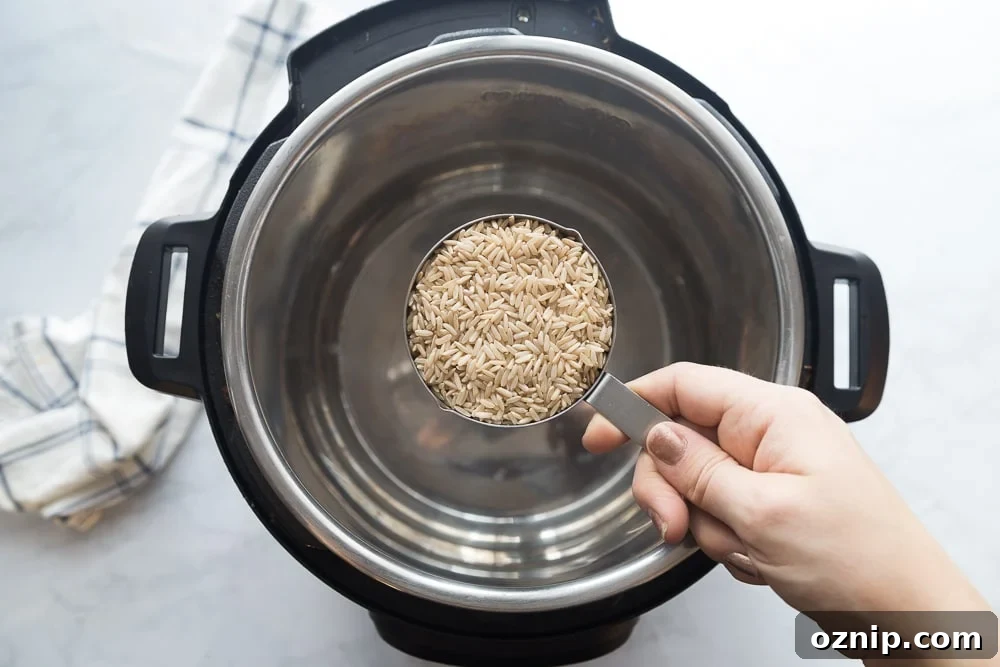 Creamy Instant Pot Brown Rice Pudding 3 An Instant Pot sitting on a white marble counter. A woman's hand is holding a cup of brown rice over the pot.