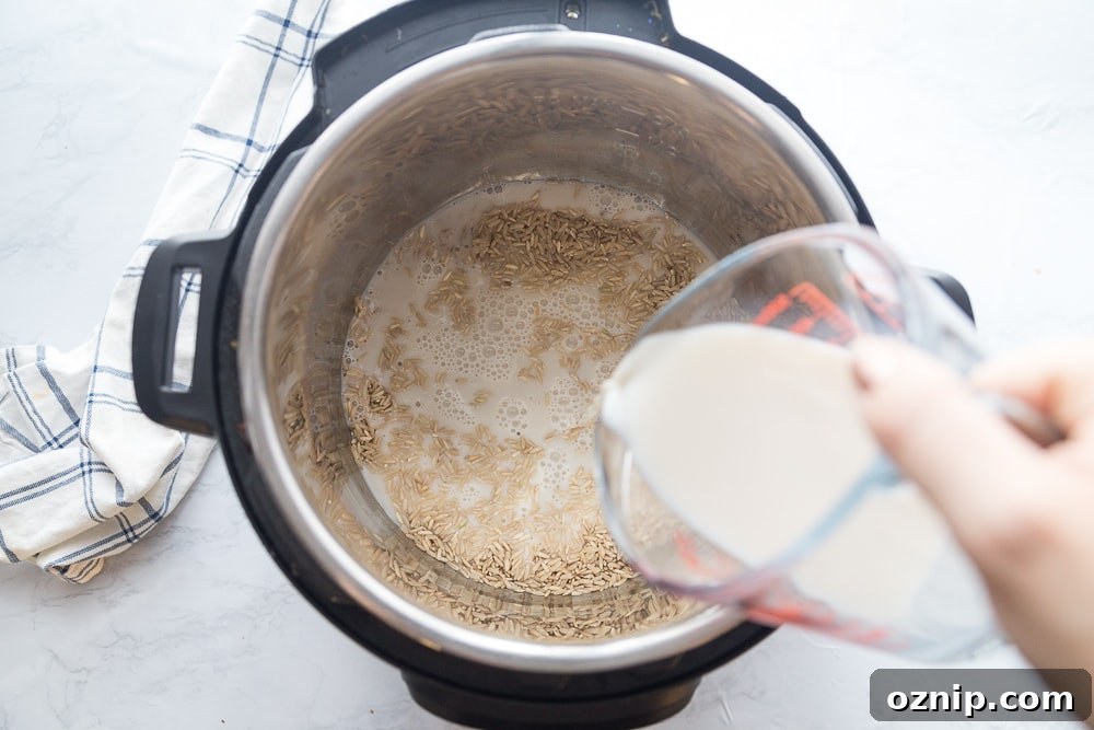 Creamy Instant Pot Brown Rice Pudding 4 Brown Rice, almond milk, and water in an instant pot