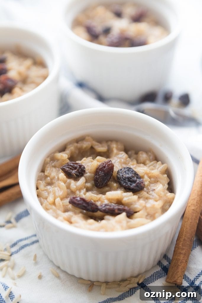 Creamy Instant Pot Brown Rice Pudding 6 Close up of a small white ramekin with instant pot brown rice pudding topped with raisins.