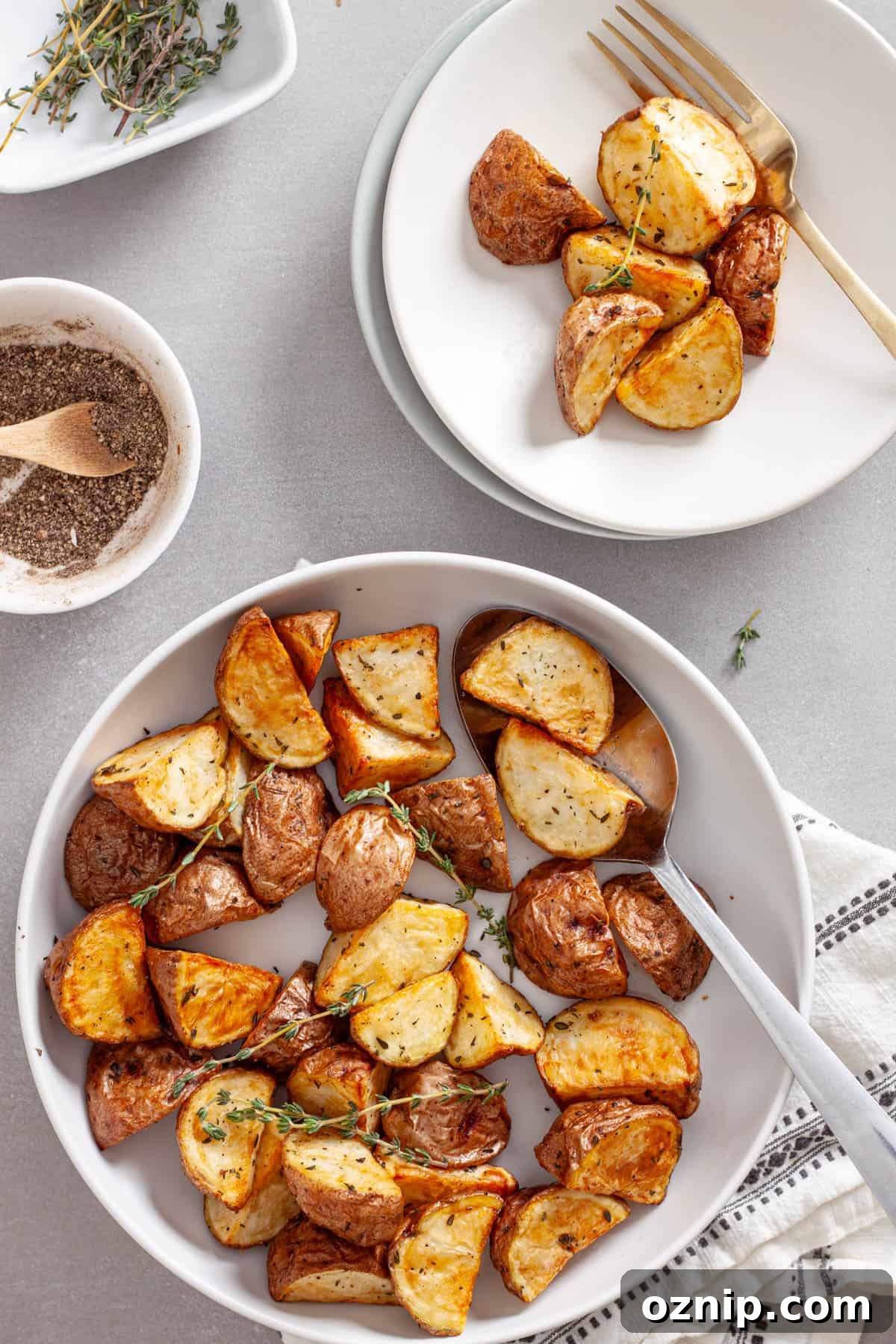 A bowl of crispy air fried red potatoes with a small plate of more potatoes to the side.