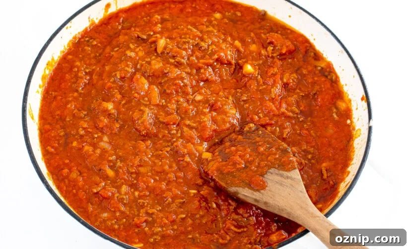 Slow Cooker Lasagna Recipe with Rich Meat Sauce 17 Tomato sauce stirred into meat sauce