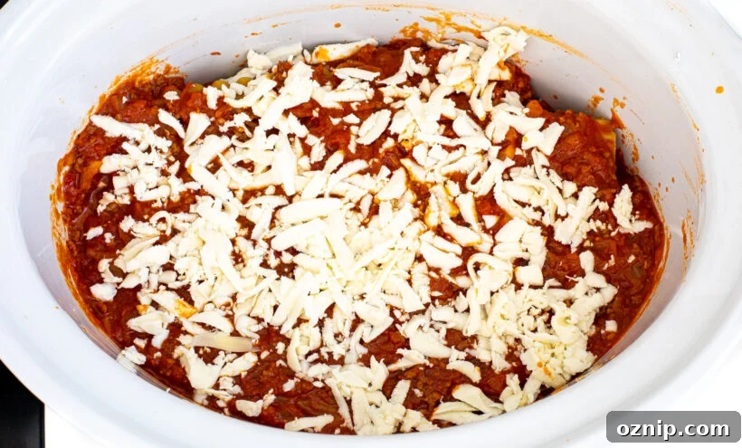 Slow Cooker Lasagna Recipe with Rich Meat Sauce 8 Lasagna ingredients layered with cheese on top in a white slow cooker liner.