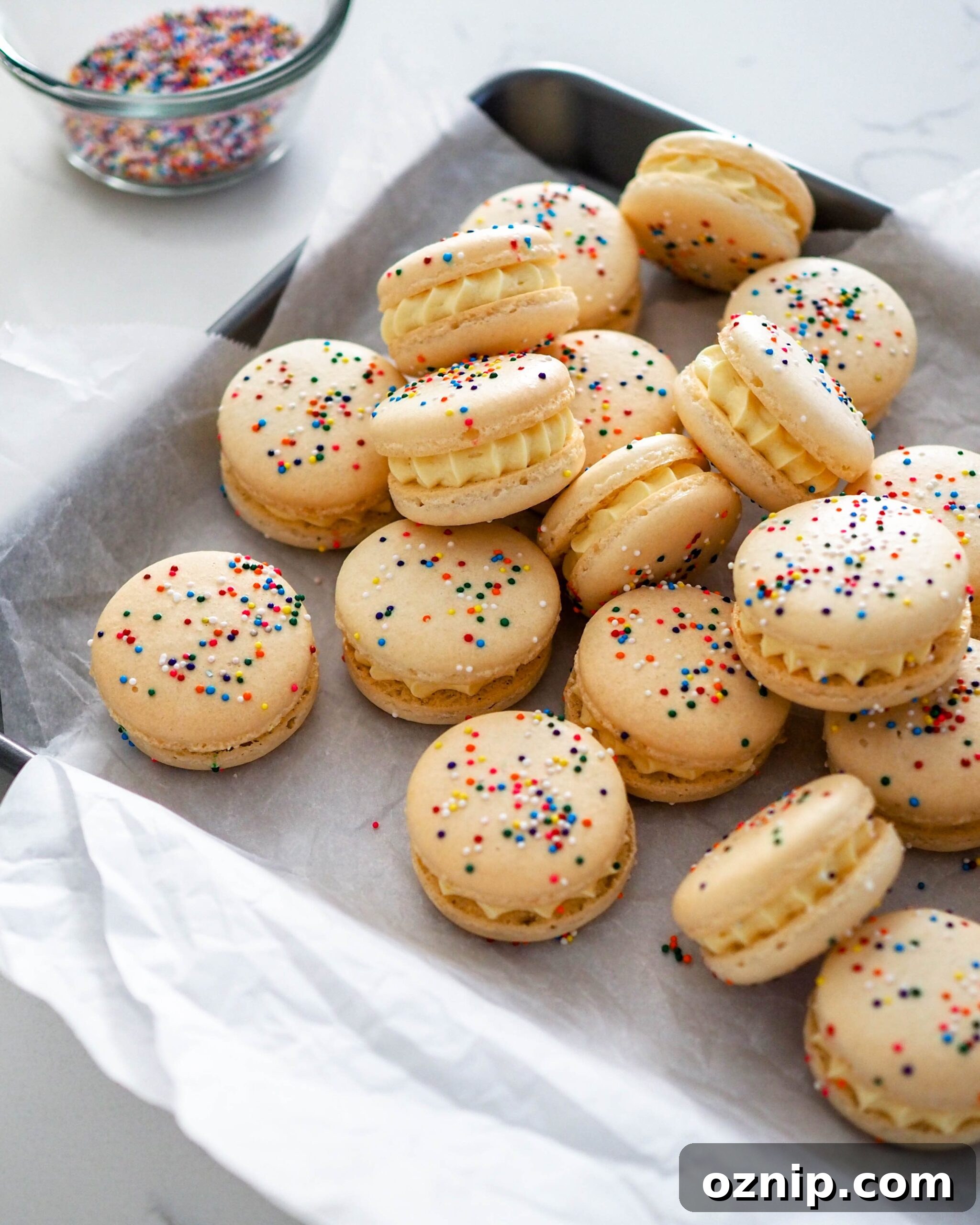 A batch of birthday cake macarons on crumpled parchment paper, with rainbow nonpareil sprinkles on and beside them.