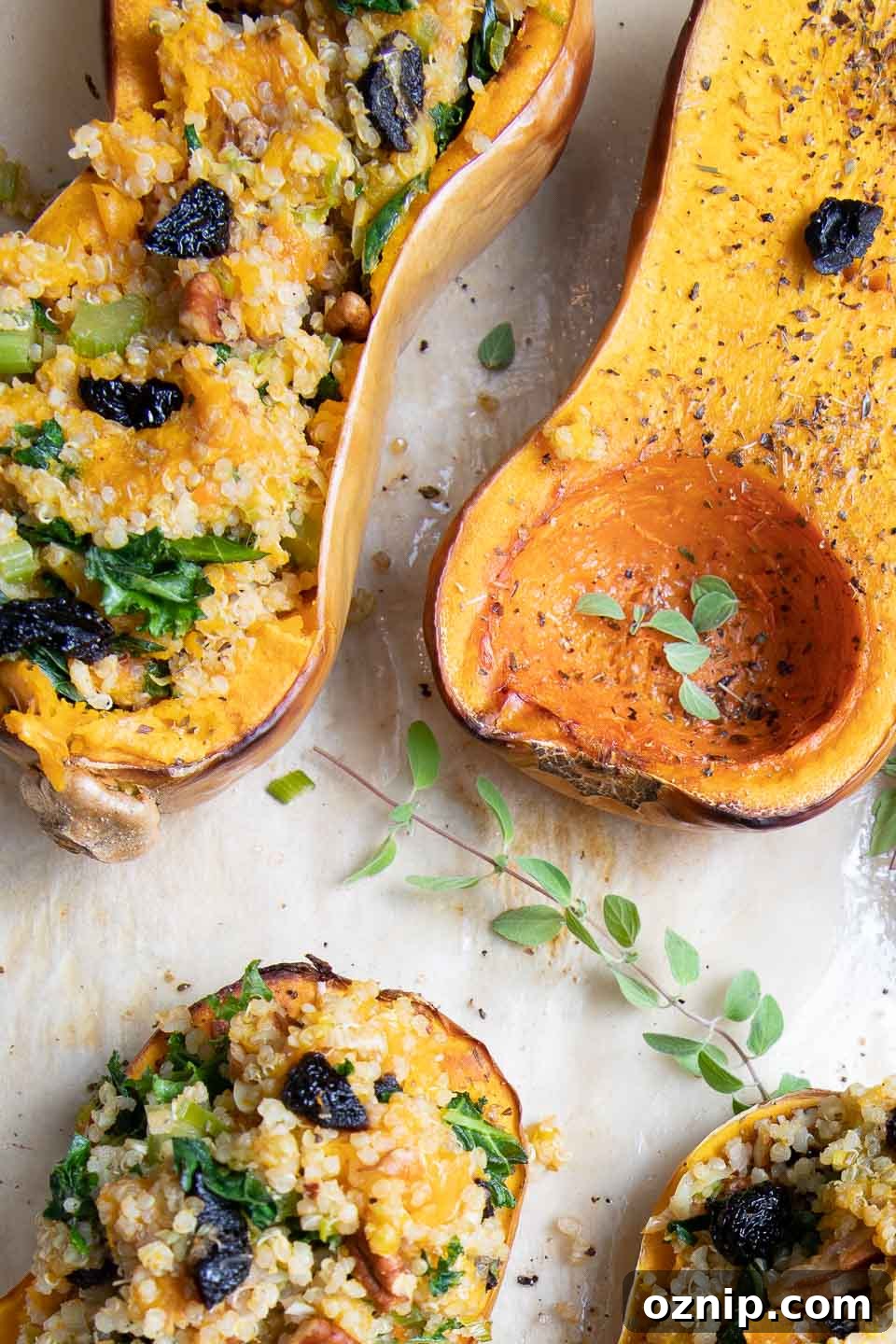 Roasted Stuffed Butternut Squash Recipe 2 Halved squash, roasted and stuffed with quinoa, kale, pecans and cherries.