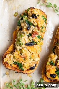 Roasted Stuffed Butternut Squash Recipe 15 Butternut squash half stuffed with quinoa, kale, pecans and dried cherries.