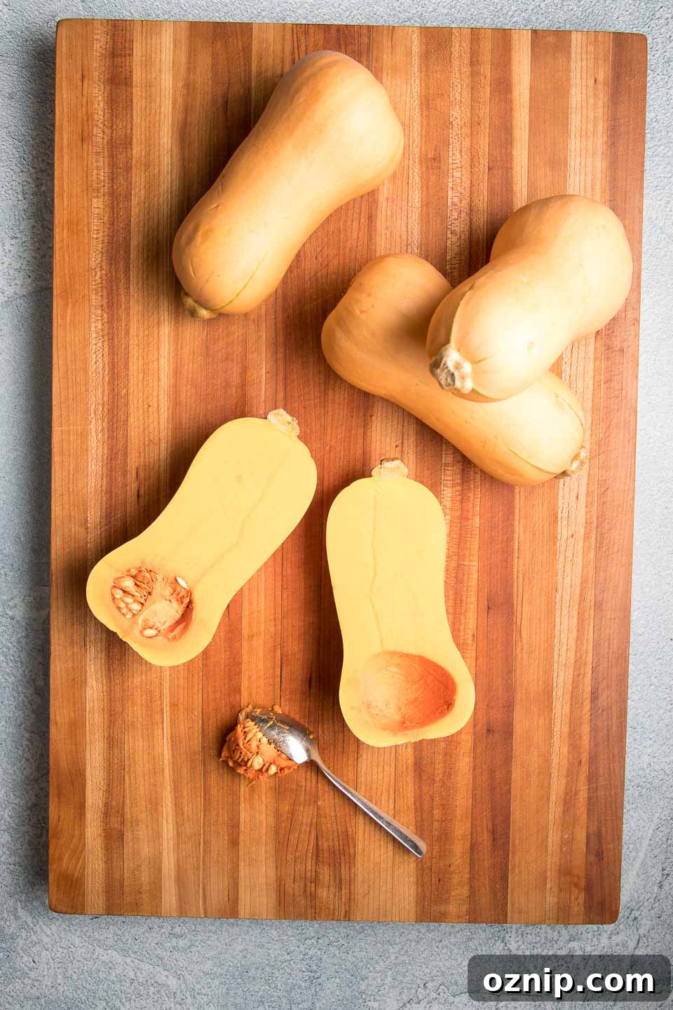Roasted Stuffed Butternut Squash Recipe 4 Squash halved with seeds scooped out.