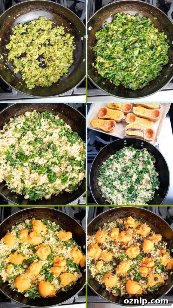 Roasted Stuffed Butternut Squash Recipe 7 Step by step making quinoa, kale and squash stuffing.