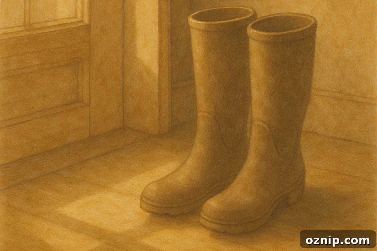 A pair of rain boots standing by a wooden door, bathed in soft golden morning light casting long shadows across the floor