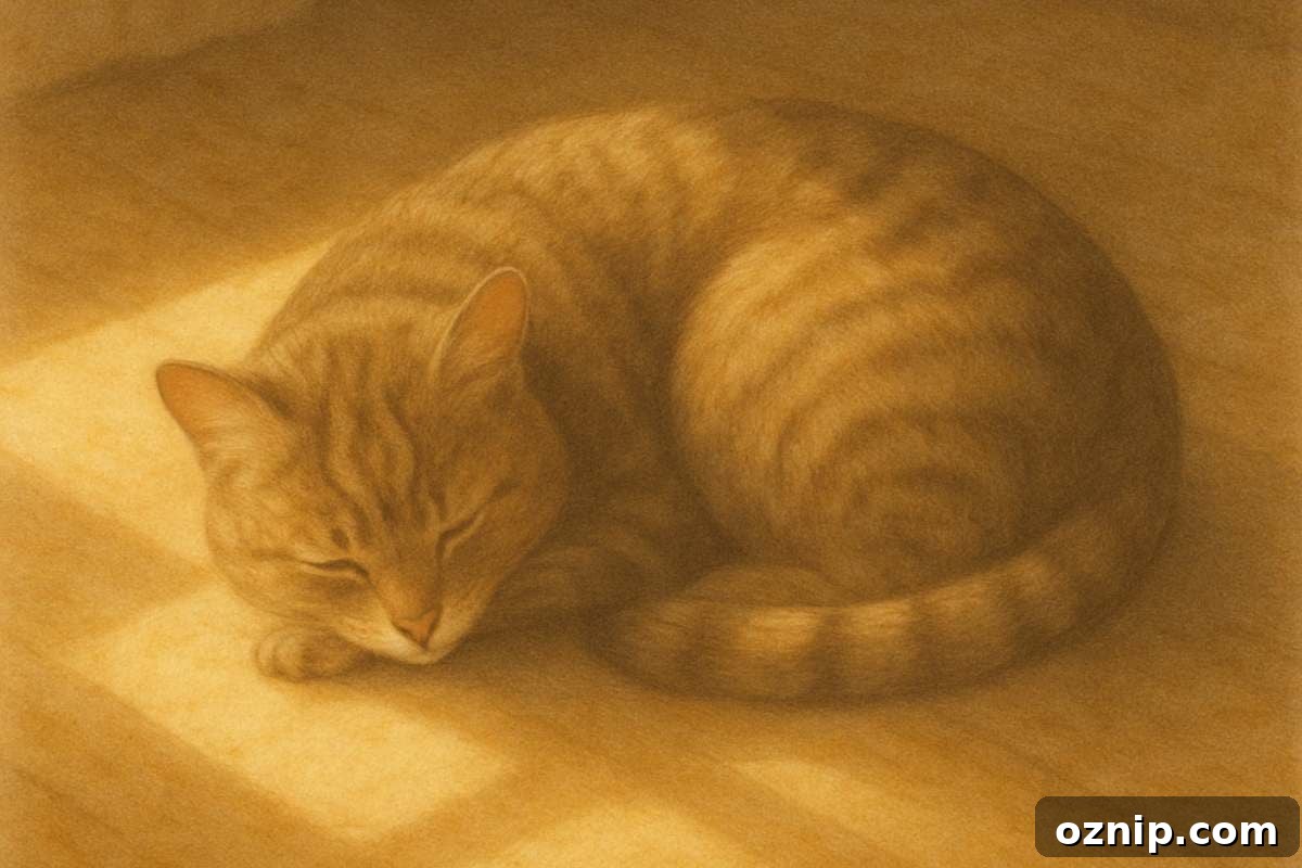 A ginger tabby cat curled up asleep in a warm patch of golden morning sunlight streaming across a wooden floor.
