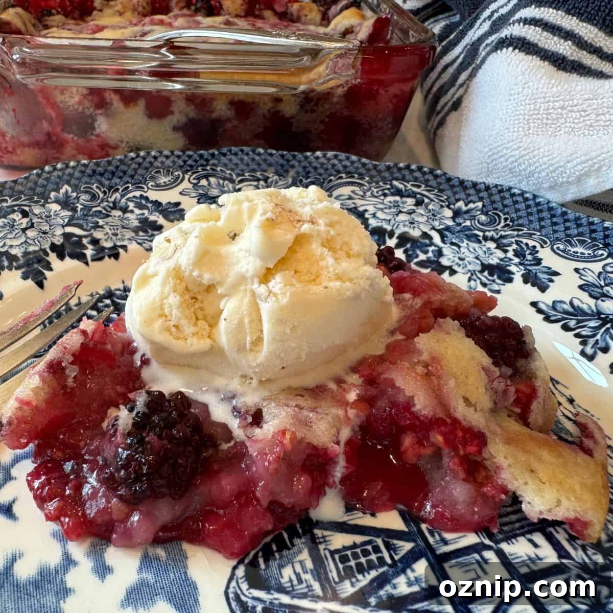 blackberry cobbler with ice cream ontop