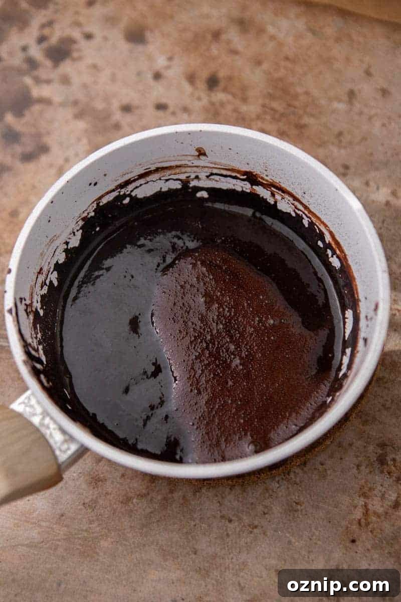 Chocolate sauce in a pot after simmering and emulsifying all of the ingredients together.