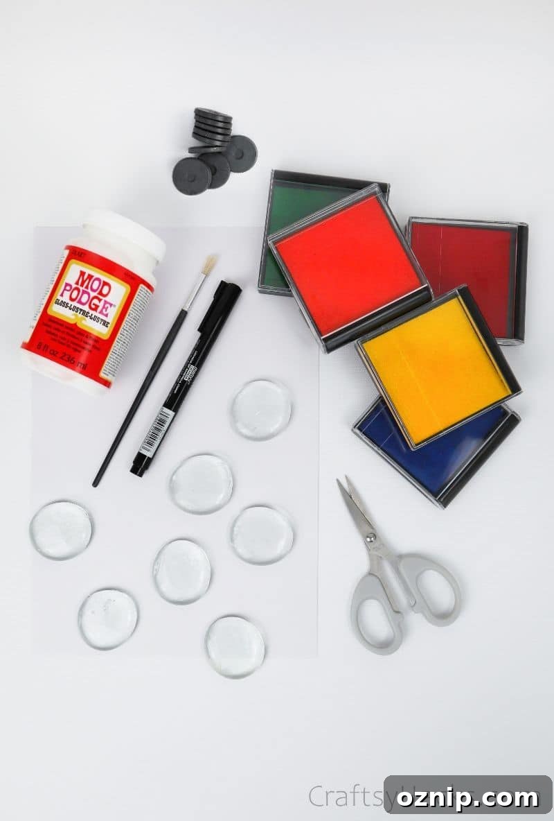 DIY Fingerprint Glass Magnets for Kids Keepsakes 4 craft supplies layed out