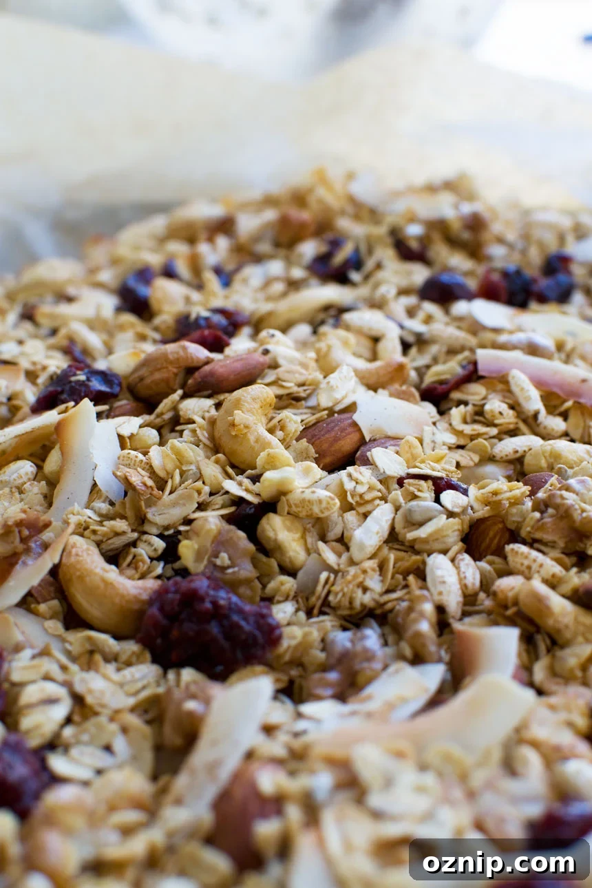 Homemade Low Sugar Granola: Crunchy Morning Recipe 3 A close up homemade granola on a baking tray