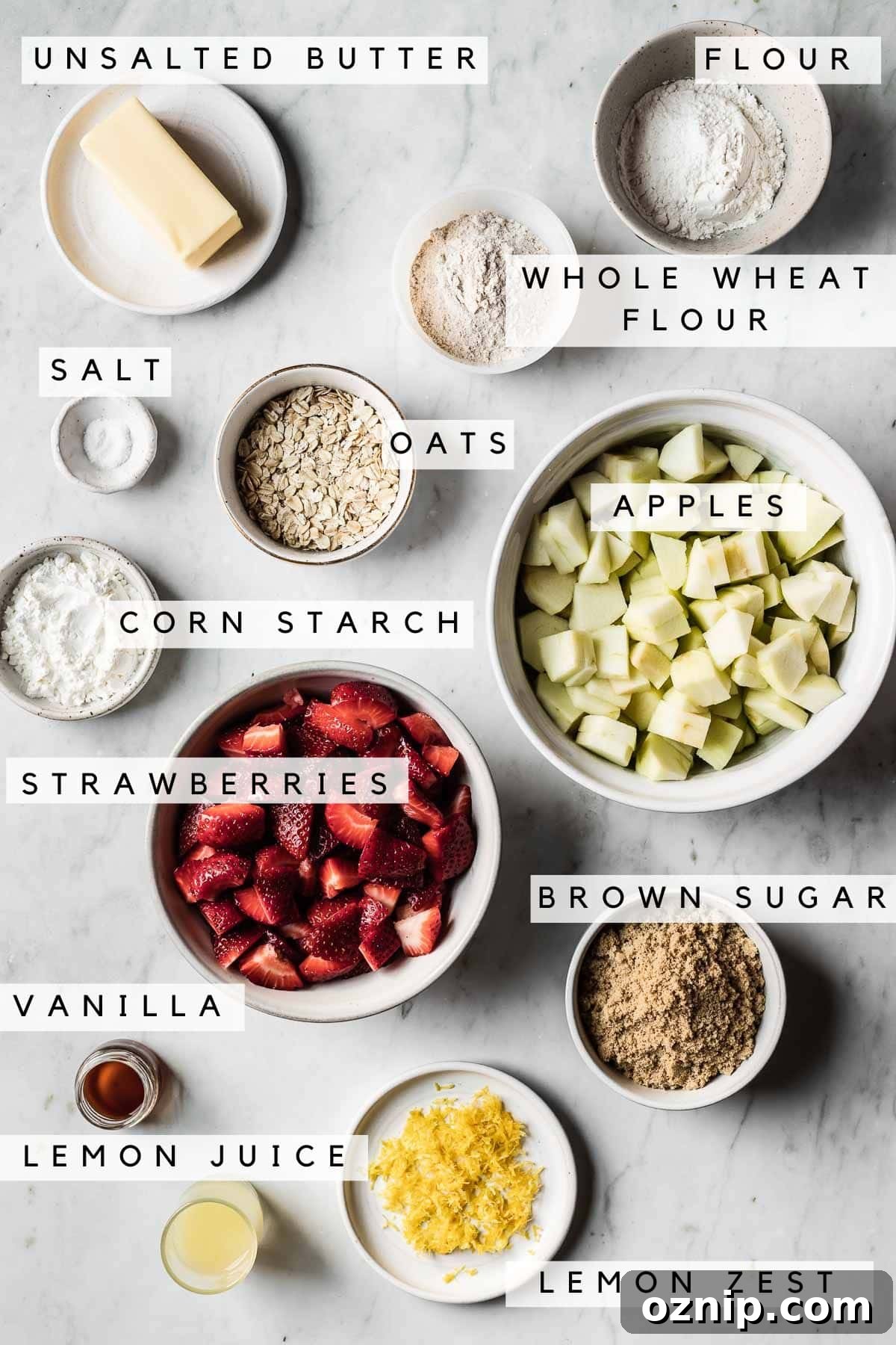 Strawberry Apple Crisp Recipe with Cinnamon Oat Topping 3 Ingredients in bowls for a fruit crisp.