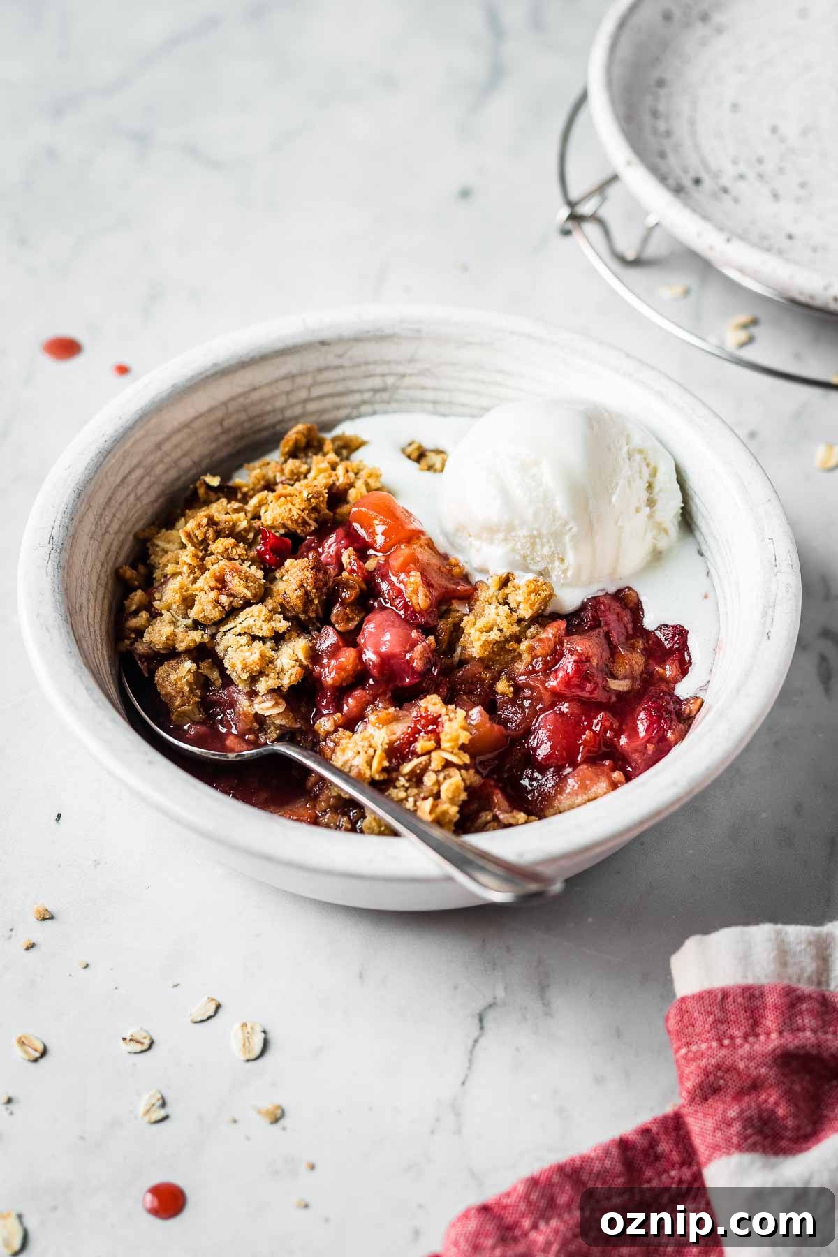 Strawberry Apple Crisp Recipe with Cinnamon Oat Topping 5 A bowl of fruit crisp topped with vanilla ice cream.