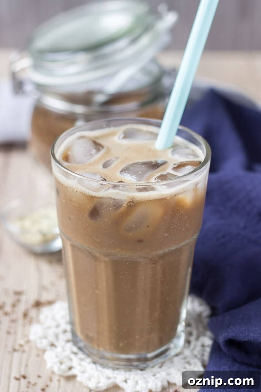Sugar-free Iced Coffee Protein Shake with superfoods hemp seeds