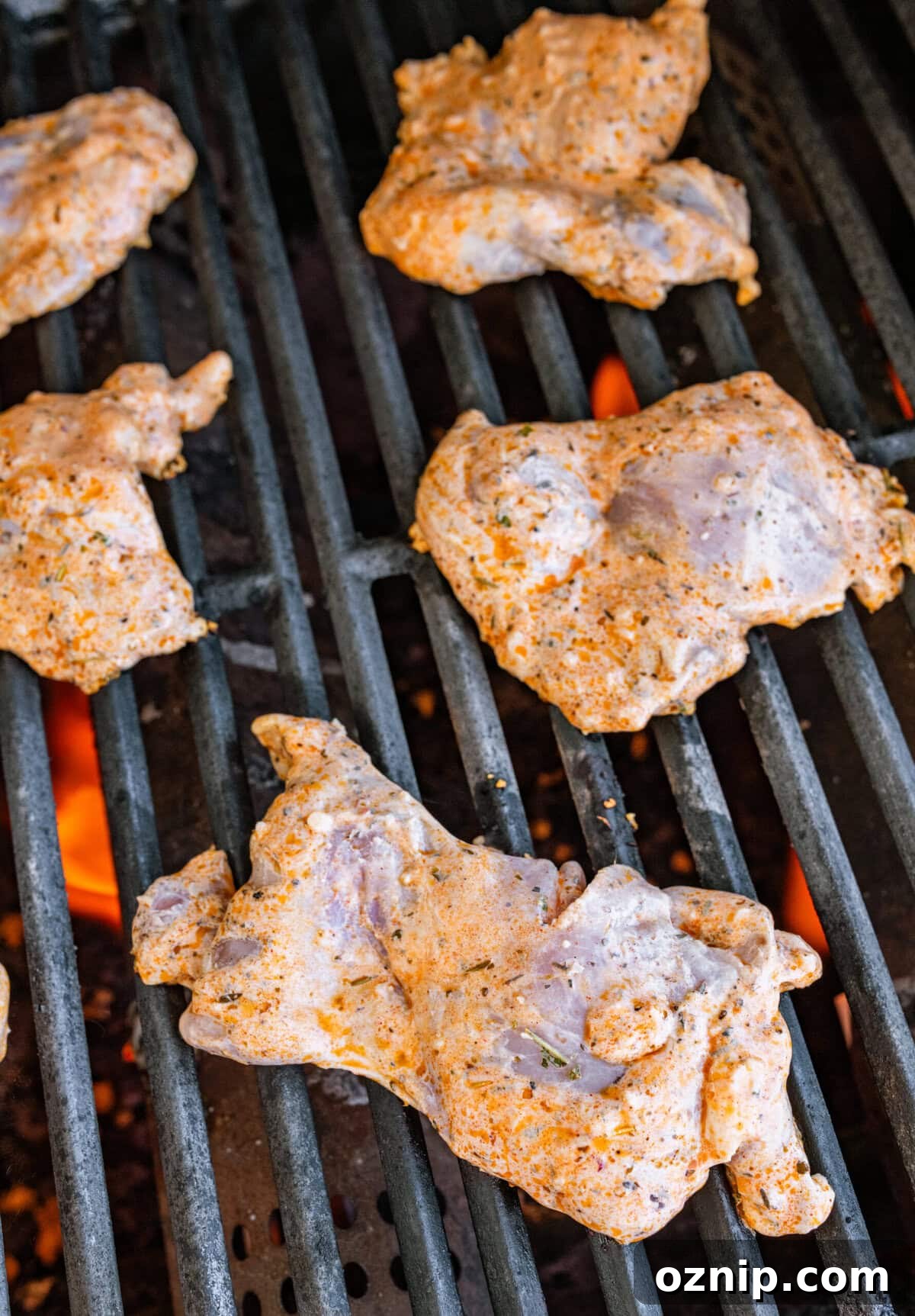 Greek Yogurt Chicken Marinade for Juicy Grilled Chicken 10 Chicken on a lit grill before cooking.