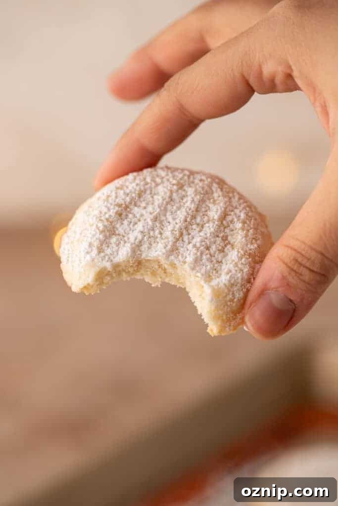 Melting Moments Cookies Recipe That Melt in Your Mouth 10 close up of a single cookie with a bite taken out being held up by a hand